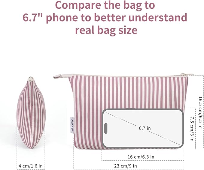 Narwey Small Striped Makeup Bag for Purse Travel Makeup Pouch Cosmetic Bag Zipper Pouch Bags for Women (Dusty Pink Stripe)