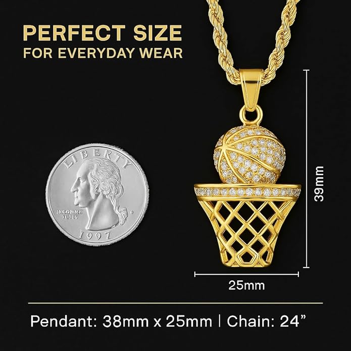 Basketball Necklace - 18K Plated Basketball Chain with Hoop for Men, Women, Teens - Gold, Silver & Black Color Options - Stainless Steel Sports Pendant with Simulated Diamond CZ Stones