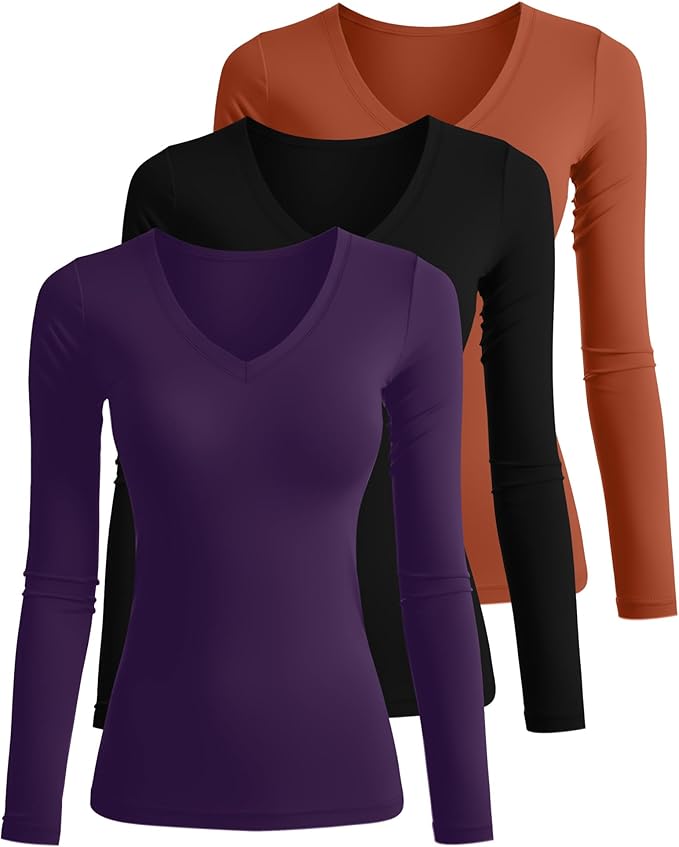 Ficerd 3 Pack Women's Long Sleeve Shirts, V Neck Basic Tees Slim Fitted Casual Fall Tops Going Out Blouses T Shirts