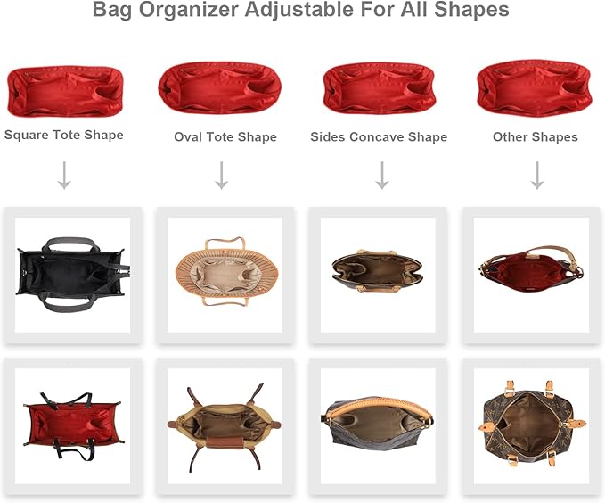 Purse Organizer Insert For Handbags, Silk Purse Organizer with Zipper, Silky Smooth, Bag Organizer For Speedy Neverfull Tote,onthego,Artsy, 6 Sizes(XL,Silky Red)