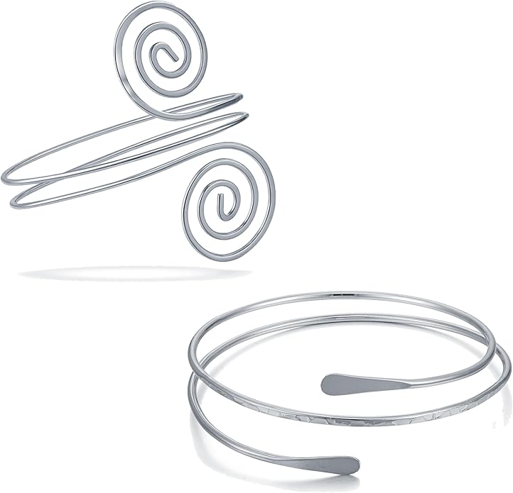 BROCC 2PCS Gold Coil Swirl Upper Arm Bracelet for Women Open Upper Arm Cuff Bangle Armlet Gold Silver Adjustable Armband Bracelet Set
