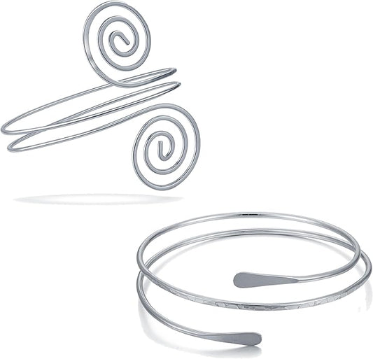 BROCC 2PCS Gold Coil Swirl Upper Arm Bracelet for Women Open Upper Arm Cuff Bangle Armlet Gold Silver Adjustable Armband Bracelet Set