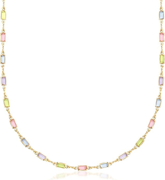 Barzel 18K Gold Plated Multi Stone Crystal Baguette Necklace for Women - Made In Brazil