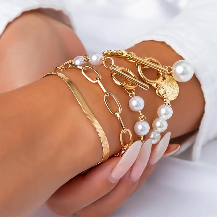 14K Gold OT Buckle Coin Pearl Paperclip Stacked Bracelet Set for Women, Statement Snake Pearl Paper Clip Bracelets Stack Dainty Prom Party Jewelry Gift