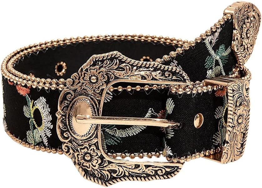 Women's Floral Embroidery Genuine Leather Belt Vintage Square Buckle