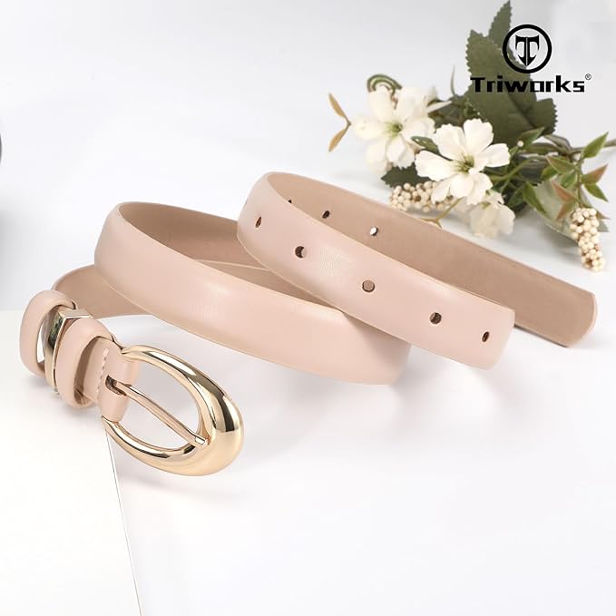 TRIWORKS 2 Pack Women Leather Belt for Jeans Pants Fashion Ladies Skinny Faux Leather Belt with Gold Buckle