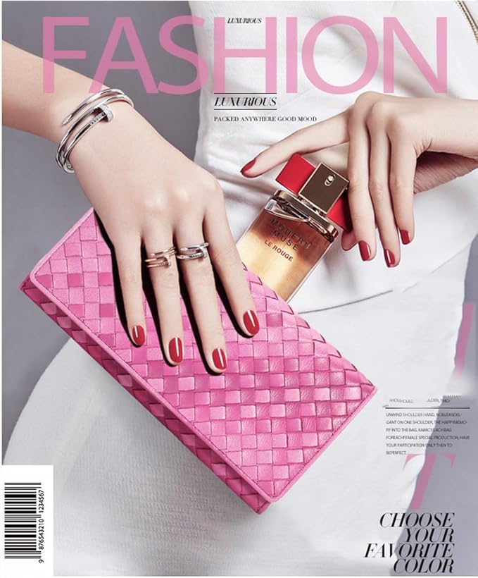Women's Fashion Knitted Long Wallet Genuine Leather Multi-Functional Handbag (Rose pink)