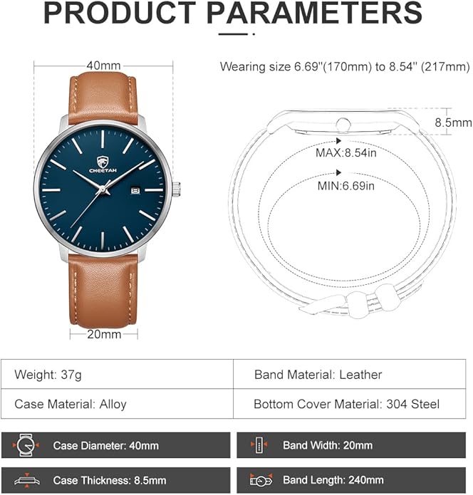 CHEETAH Minimalist Waterproof Quartz Watches for Men with Leather Strap, Auto Date