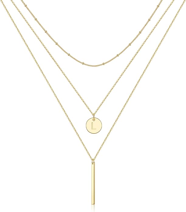 Initial Layered Necklaces for Women, 14K-Gold-Plated Coin Letter Necklace Bar Stacking Layer Necklace Multi Bar Layering Y-Necklaces Jewelry for Women