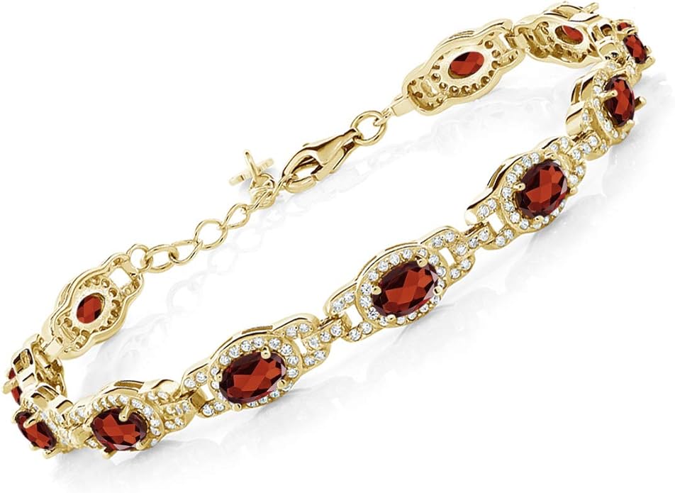 Gem Stone King 18K Yellow Gold Plated Silver Oval Gemstone Birthstone Tennis Bracelet For Women | Oval 6X4MM | 7 Inch With 1 Inch Extender | Fine Jewelry Gifts for Her Mom Women Wife