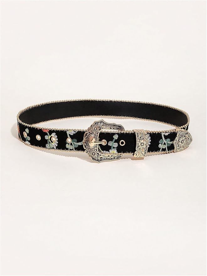 Women's Floral Embroidery Genuine Leather Belt Vintage Square Buckle