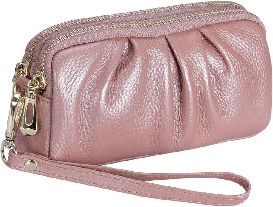 Genuine Leather Wristlet for Women, Ruched Clutch Wallet Purse, Compact Ladies Wristlet with Card Slots