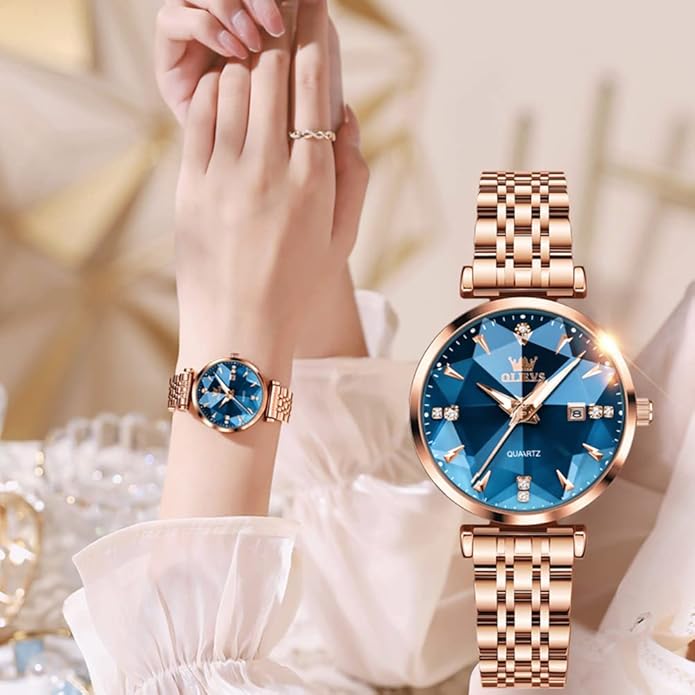 OLEVS Women Watches Simple Dress Ladies Watch Rose Gold Stainless Steel Watch Waterproof Quartz Date Luxury Diamond Small Wristwatch Fashion Analog Female Reloj Mujer Blue White Green Red Yellow Face