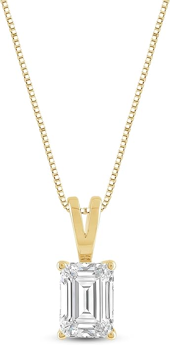 Everyday Elegance Solid 14K Gold Cubic Zirconia Solitaire Pendant Necklace for Women Heart, Princess, Round, Oval, Emerald, Pear & Cushion Cut 1 or 2 CTW | .60mm Thick 16" 18" Length Box Link Chain