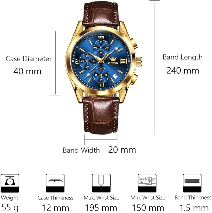 OLEVS Men's Casual Leather Watch, Big Face Chronograph Watch for Men, Fashion Easy to Read Dress Watch, Men's Waterproof Luminous Date Analog Watch, Gold/Black/White/Blue Dial