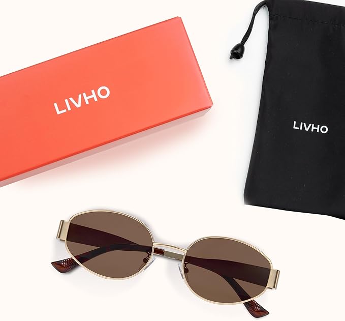 livho Retro Polarized Sunglasses - UV400 Protection, Oval Shape, Metal Frames - Matching Soft Case Inlcuded