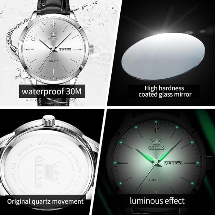OLEVS Mens Watches, Casual Leather Watches for Men Easy to Read Quartz Number Watch with Date Waterproof Blue/Black/Silver Face Men's Wrist Watches…