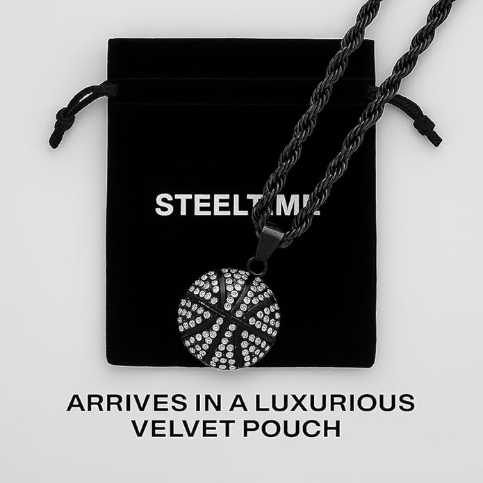 Basketball Necklace - 18K Plated Basketball Chain with Hoop for Men, Women, Teens - Gold, Silver & Black Color Options - Stainless Steel Sports Pendant with Simulated Diamond CZ Stones