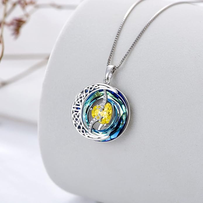 TOUPOP Birthstone Necklace 925 Sterling Silver Moon and Star Pendant with Blue Crystal Celtic Moon Jewelry Birthday Valentines Day Gifts for Women Mom Wife Her