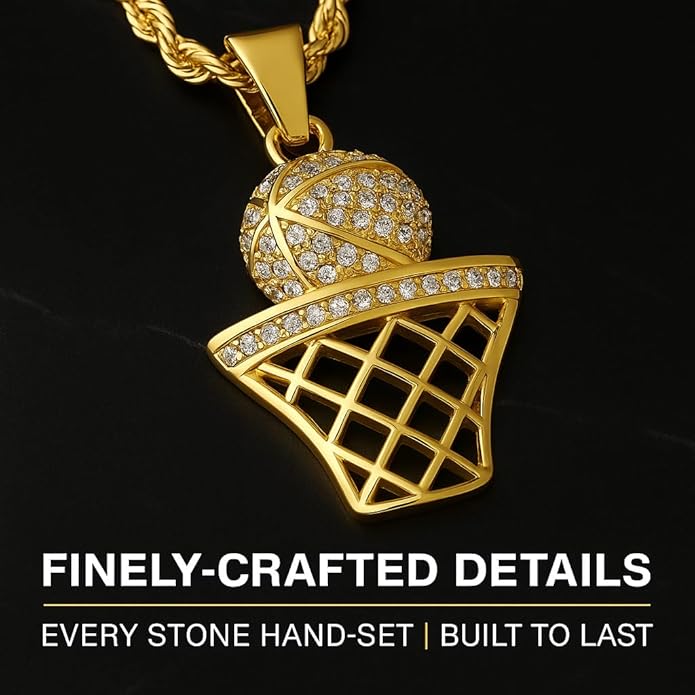 Basketball Necklace - 18K Plated Basketball Chain with Hoop for Men, Women, Teens - Gold, Silver & Black Color Options - Stainless Steel Sports Pendant with Simulated Diamond CZ Stones
