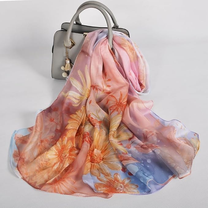 100% Mulberry Silk Women's Neck Silk Scarf-Lightweight Shawl,FLoral Print Beach Silk Wrap-Scarves for Photography