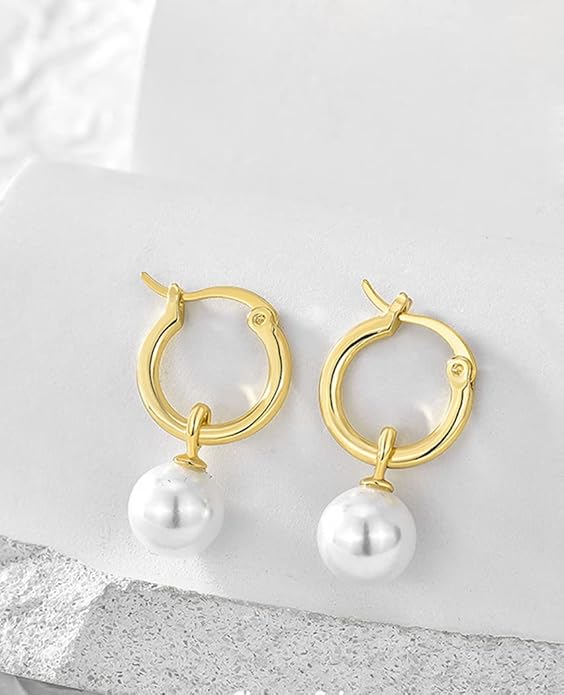 14K Gold/White Gold Plated Minimalist Pearl Hoop Earrings,Huggies Dangle Earrings Jewelry