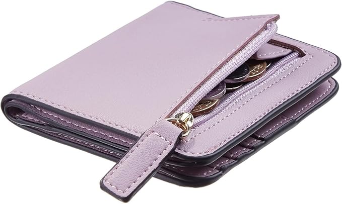 Genuine Leather Wallet for Women Slim Bifold RFID Blocking Secure with Zipper Closure and ID Window (Purple)
