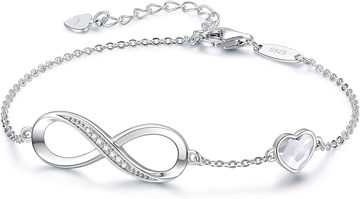 CDE Infinity Heart Birthstone Charm Link Bracelet for Women 925 Sterling Silver Adjustable Mother's Day Christmas Day Gift Anniversary Birthday Jewelry for Wife Girlfriend Her