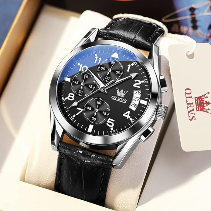 OLEVS Men's Watches Brown Leather with Date,Casual Watches for Men,Large Face Watches Men,Chronograph Mens Watch,Sport Waterproof Business Dress Analog Quartz Men's Wrist Watches Reloj De Hombre
