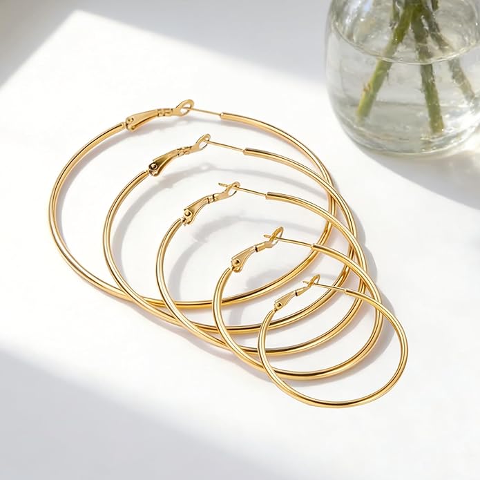4/5/6 Pairs Stainless Steel 30/40/50/60/70 mm Silver 14K Gold Hoop Earrings for Women Hypoallergenic Big Thin Lightweight Dangle Set