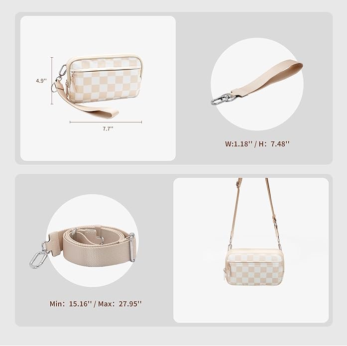 Wristlet Wallets for Women Checkered Nylon Quilted Wallet Travel Crossbody Bags with 4 Zippers Coin Card Phone Holder
