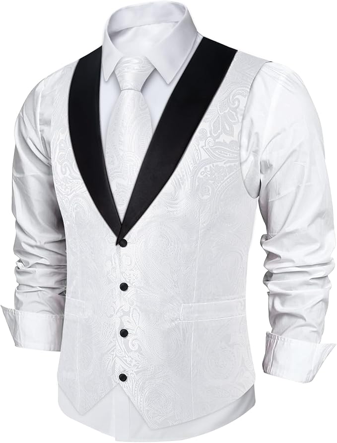 DiBanGu Mens Paisley Suit Vest Silk Jacquard Waistcoat and Necktie Set Formal Shawl Collar Dress Vest 7PCS for Wedding Party