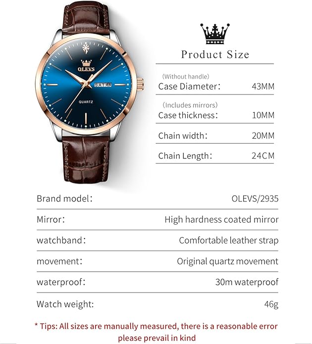 OLEVS Mens Watches, Casual Leather Watches for Men Easy to Read Quartz Number Watch with Date Waterproof Blue/Black/Silver Face Men's Wrist Watches…