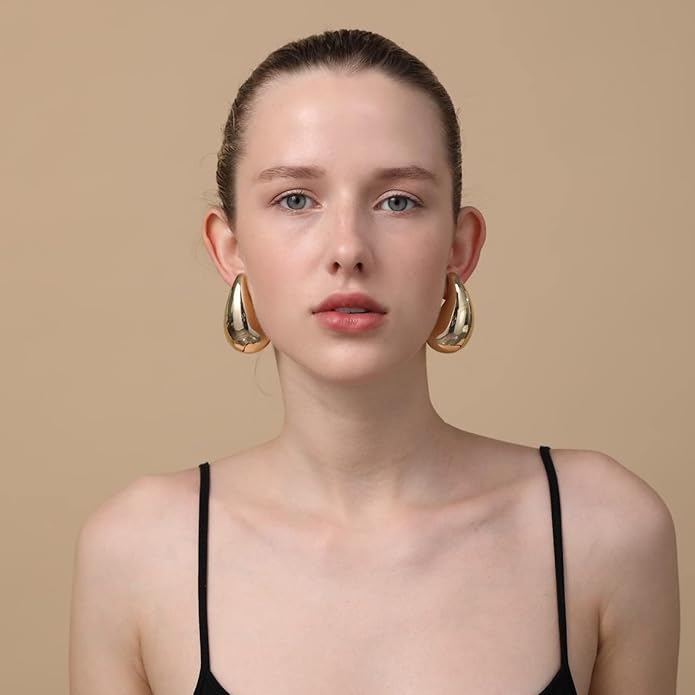 Apsvo Chunky 14K Gold Plated Hoop Earrings for Women, Lightweight Waterdrop Hollow Open Hoops, Hypoallergenic Dupes Earrings