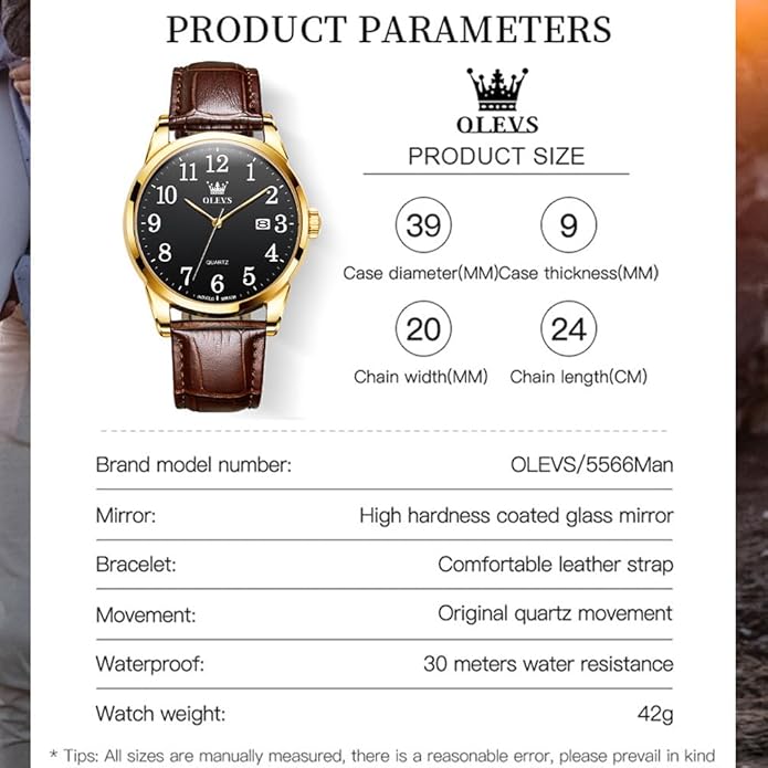OLEVS Mens Watches Vintage Leather Band Dress Classic Easy Reader Arabic Numerals Analog Quartz Waterproof Date and Day Blue/Black/White Large Face Men's Wrist Watches