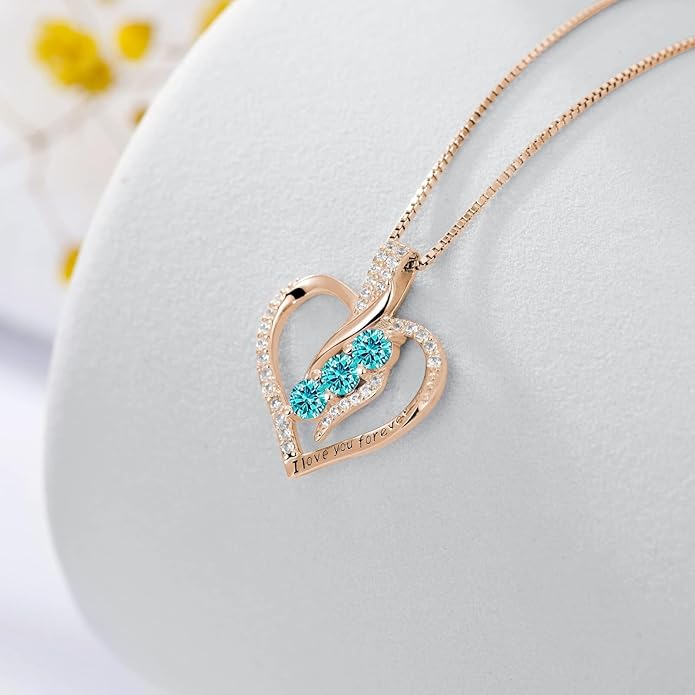 Rose Heart Birthstone Necklace for Women - Solid S925 Sterling Silver with Rose Gold Plated Infinity Symbol of Love Valentine's, Mother's Day, Anniversary, Christmas Birthday Gift for Her, Mom, Wife, or Girlfriend.
