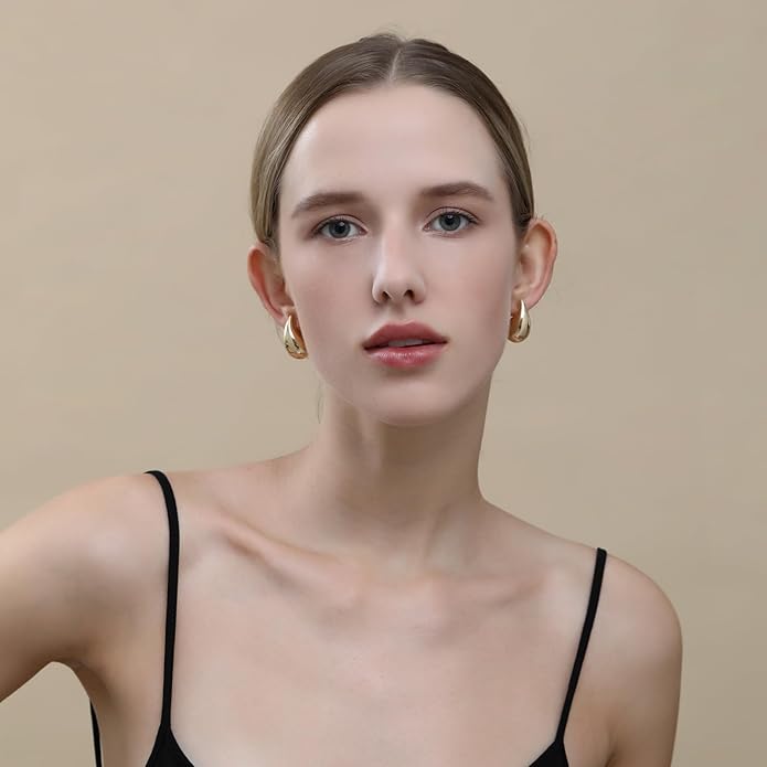 Apsvo Chunky 14K Gold Plated Hoop Earrings for Women, Lightweight Waterdrop Hollow Open Hoops, Hypoallergenic Dupes Earrings