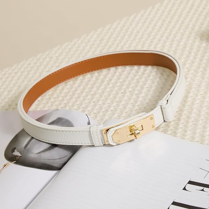 Skinny Leather Belts for Women with Adjustable Silver Turn-Lock Buckle for Dresses Jeans and Pants