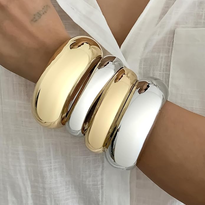 Chunky Gold Bangles Bracelets for Women Trendy Silver Stack Bracelet Minimalist Wide Bangle Jewelry