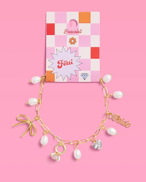 xo, Fetti Gold Bride Charm Bracelet | Pearl Bachelorette Accessory, Rhinestone Bridal Jewelry, Bach Party Decorations, Bridesmaid Gift, Wedding Chain Bangle