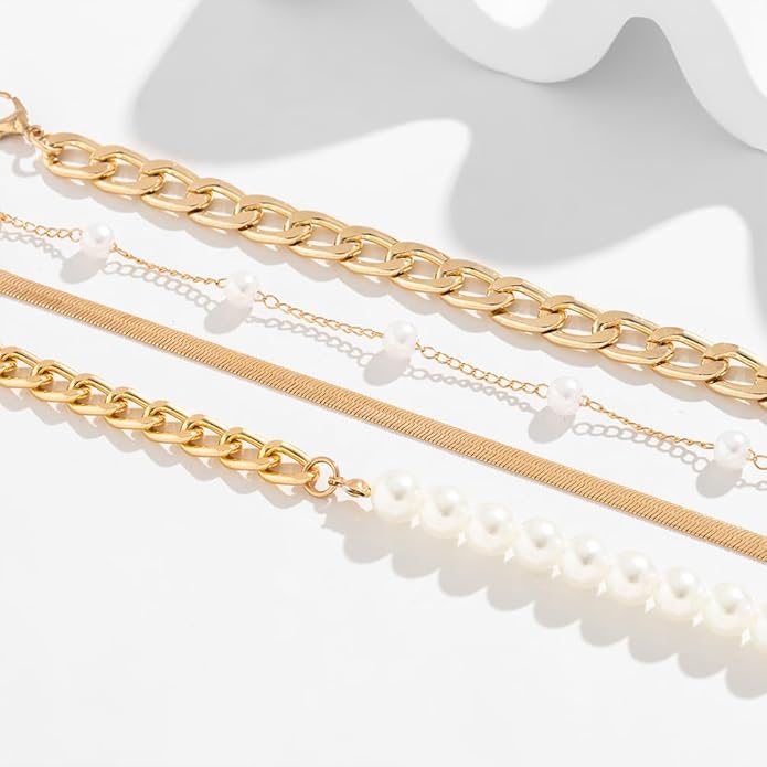 14K Gold OT Buckle Coin Pearl Paperclip Stacked Bracelet Set for Women, Statement Snake Pearl Paper Clip Bracelets Stack Dainty Prom Party Jewelry Gift