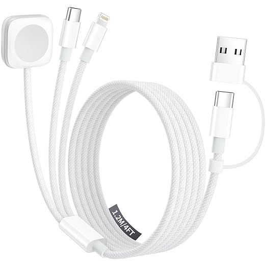 Travel Charger for Apple Watch, 3 in 2 Multi Charging Cable/Cord with Lightning/USB C/iWatch Charger, Travel Chargers for Multiple Devices, Compatible with iWatch Series/iPhone 17-8/iPad/AirPods 4FT