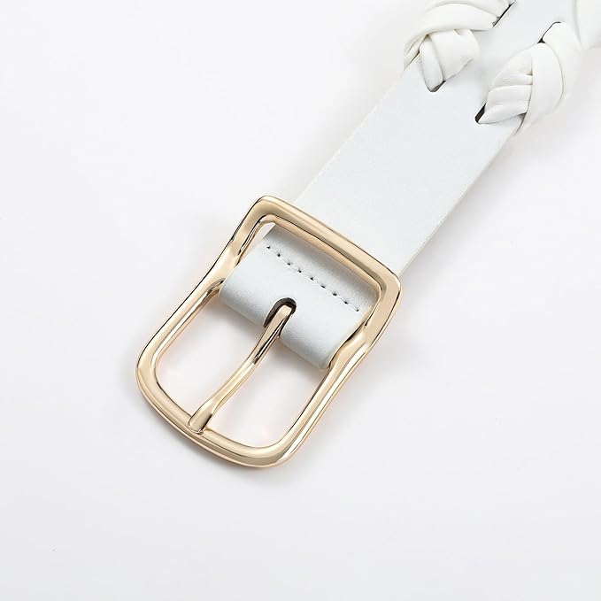 Womens White Belts with Gold Buckle Leather Belts for Women Ladies Fashion Waist Belt