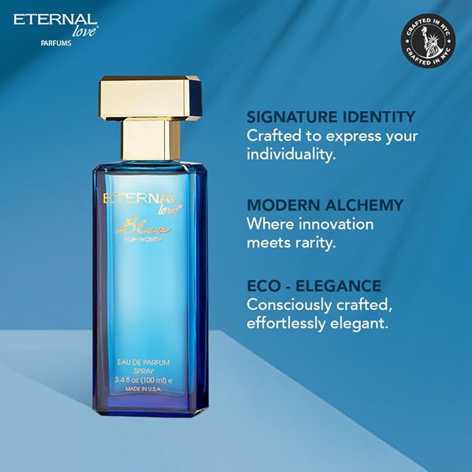 Eternal Love Blue for Women - Long Lasting Eau de Parfum Spray - Soft Powdery Floral Scent with Vanilla & Jasmine - Feminine & Alluring Fragrance - 3.4oz
