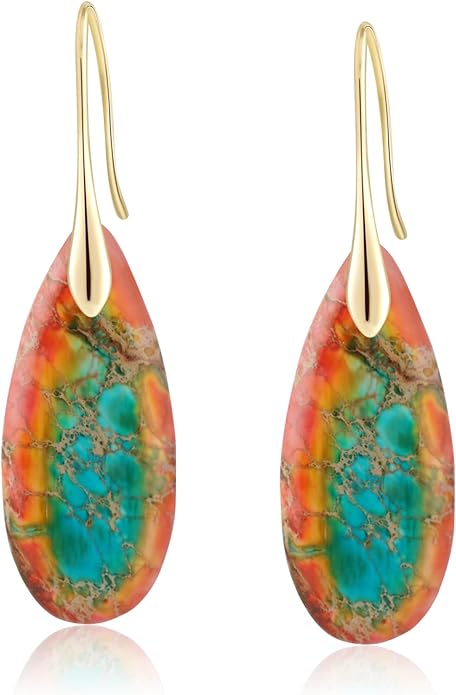 Natural Healing Stone Fishhoop Dangle Drop Earrings Statement Gold silver earrings