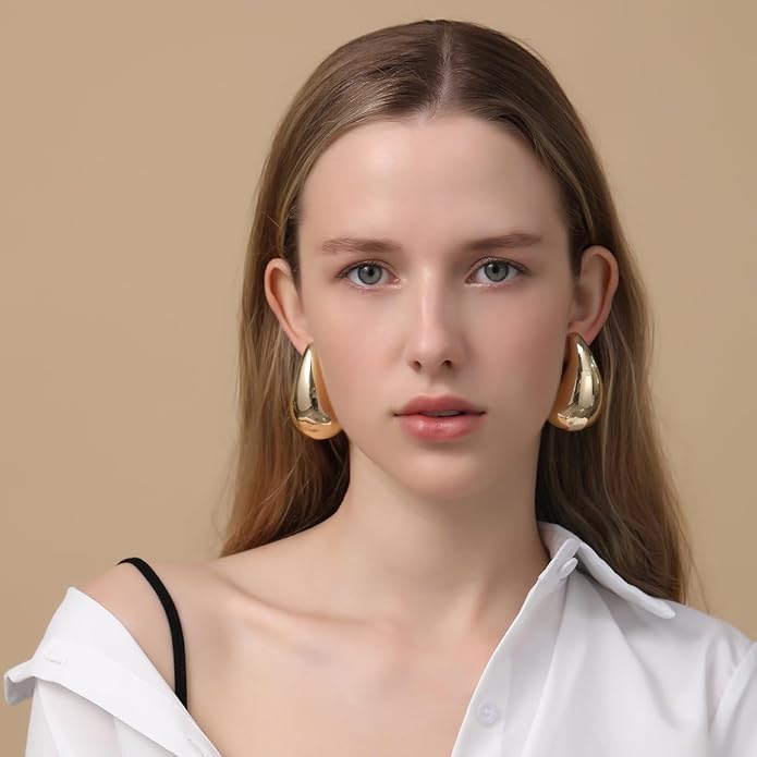 Apsvo Chunky 14K Gold Plated Hoop Earrings for Women, Lightweight Waterdrop Hollow Open Hoops, Hypoallergenic Dupes Earrings