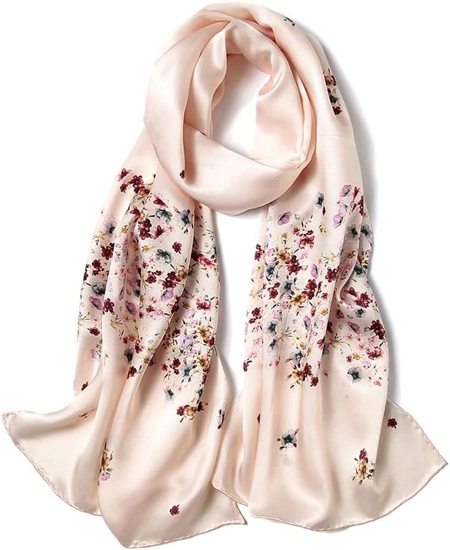 100% Mulberry Silk Scarfs for Women Floral Print Satin Long Scarf for Headscarf Hair Wraps Shawl with Gift Packed