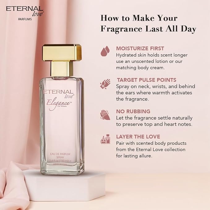 Eternal Love Elegance for Women - Long Lasting Eau de Parfum Spray - Sweet Floral Fruity Fragrance with Peach, Jasmine & Sandalwood - Summer Scent - 3.4oz