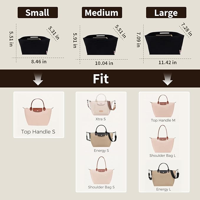 ZTUJO Purse Organizer Insert For Longchamp Le Pliage, Premium Felt Longchamp Purse Organizer Insert Small Medium Large, Tote Organizer Insert (Black, Small For Handle S)
