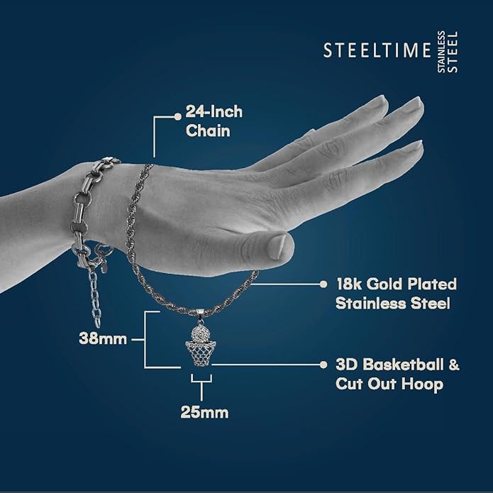 Basketball Necklace - 18K Plated Basketball Chain with Hoop for Men, Women, Teens - Gold, Silver & Black Color Options - Stainless Steel Sports Pendant with Simulated Diamond CZ Stones
